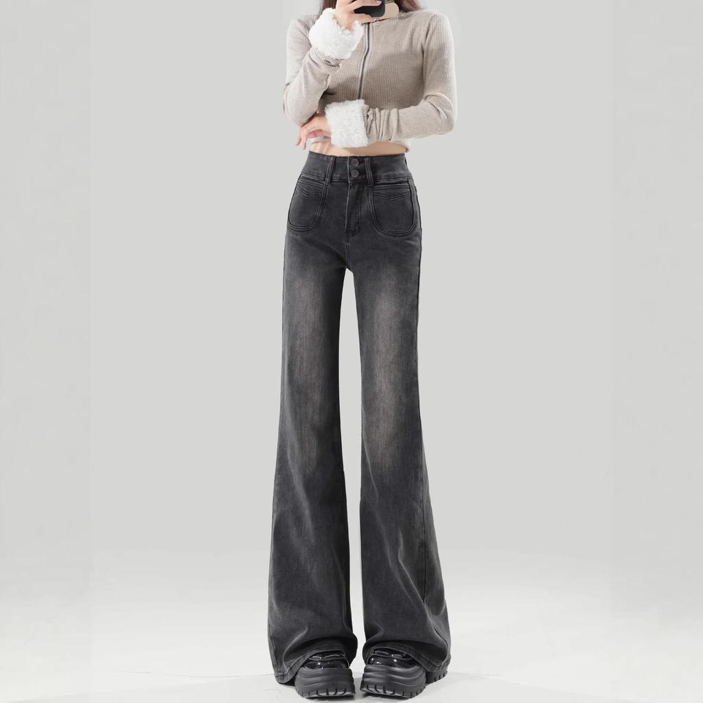 Women's Stylish High-Waisted Black-Grey Flared Jeans 2025: Non-Ripped, Slim-Fit, Loose, Floor-Length Pants