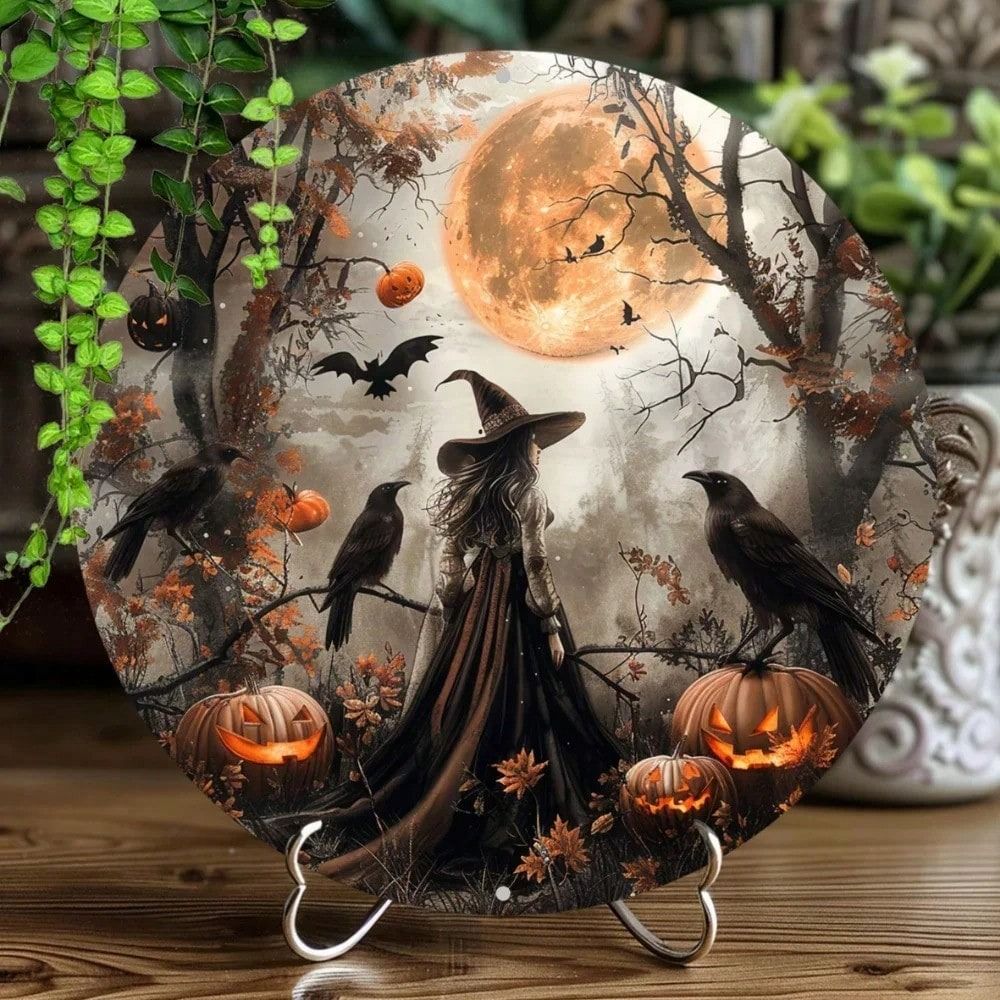 Vintage Hexe Rundes Metall-Wandschild Halloween Bar Büro Dekor
