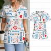 Nuovo Outfit da Lavoro da Donna: Stampa Cartone Animato Modello Dispositivo Medico, Scollo a V, Top Opaco, Maglietta per Negozio Dentistico e per Animali