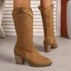 Fashion Retro Mid-Calf Women's Boots Soft Rubber Upper Embroidered Western Tube V-Notch Large Size Autumn Winter Thick Heel Slimming