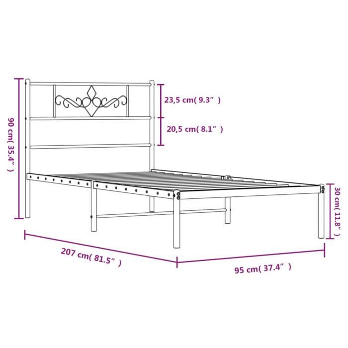 VidaXL Cadre de lit métal avec tête de lit noir 90x200 cm 355260