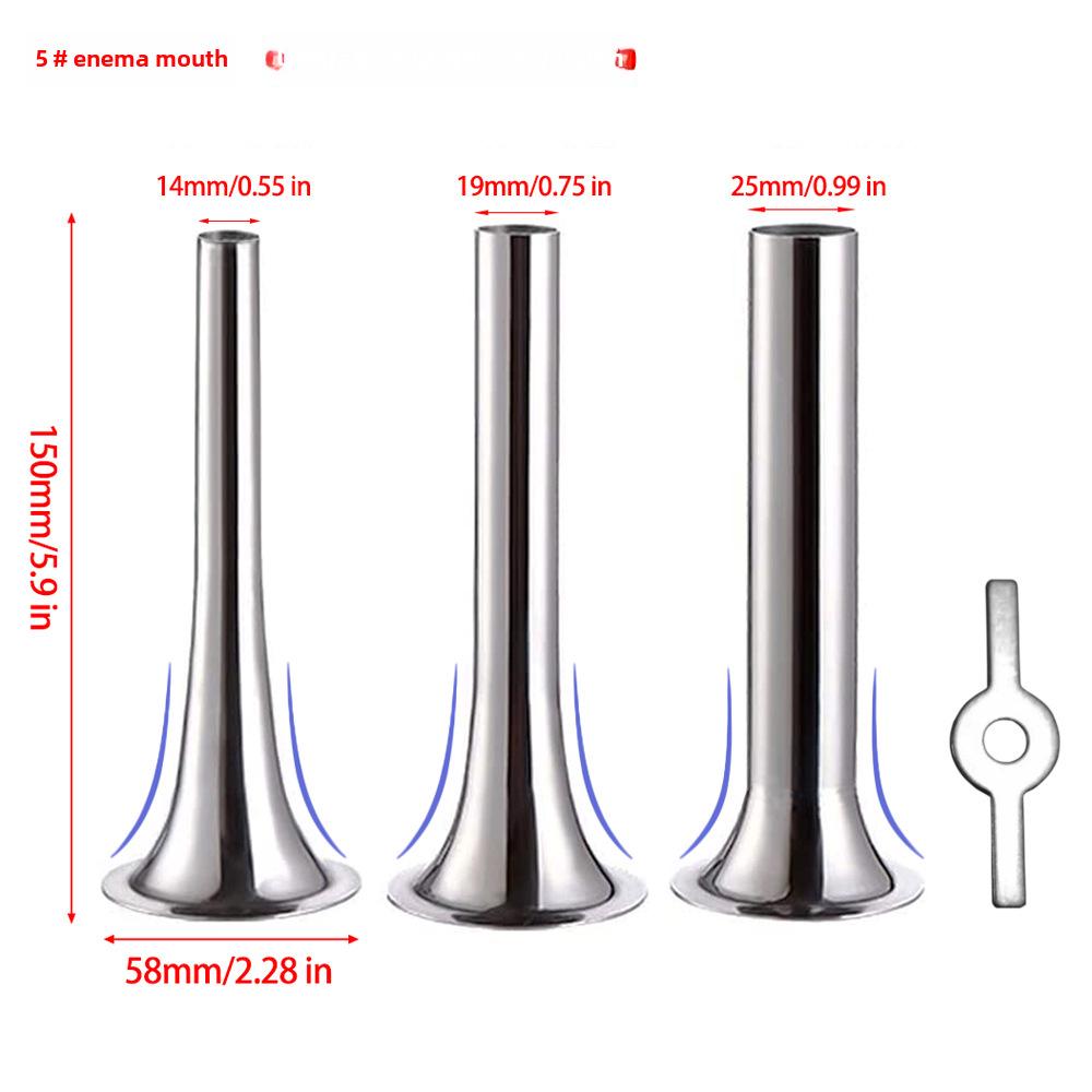 Stainless Steel Meat Grinder Accessories: Knife, Blade, Hole Plate, Sausage Stuffer, and Grinder Rod.