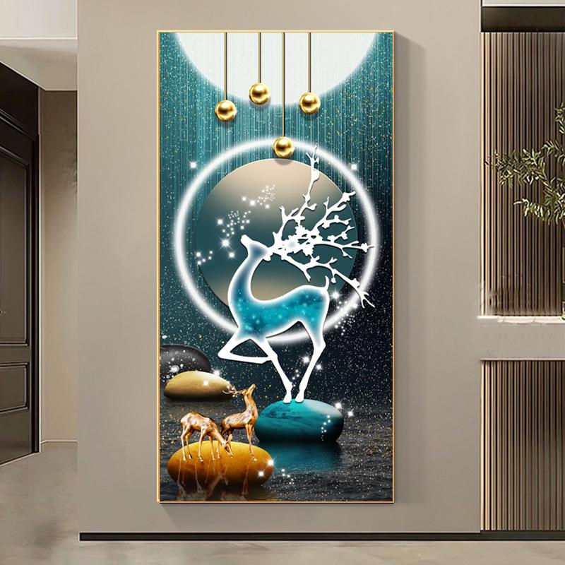 Abstract Fengshui Golden Deer Canvas Painting Zen Stone Posters and Prints Modern Luxury Leaves Wall Art for Porch Decor Unframe