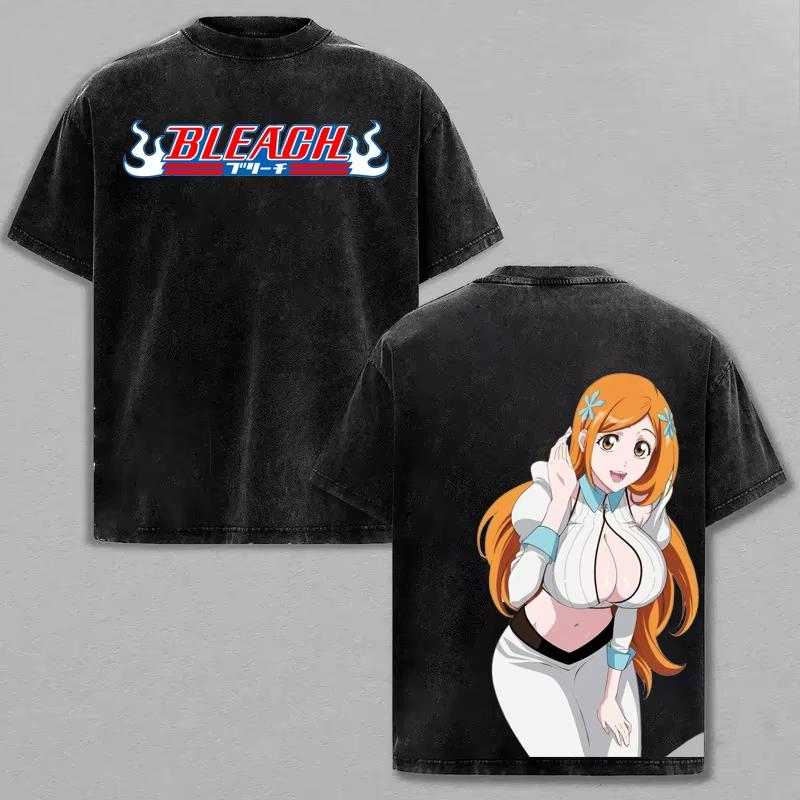 BLEACH Inoue Orihime Vintage Washed T‑Shirt Anime Print T Shirt Unisex Casual Short Sleeve Men Women Oversized Streetwear Tops