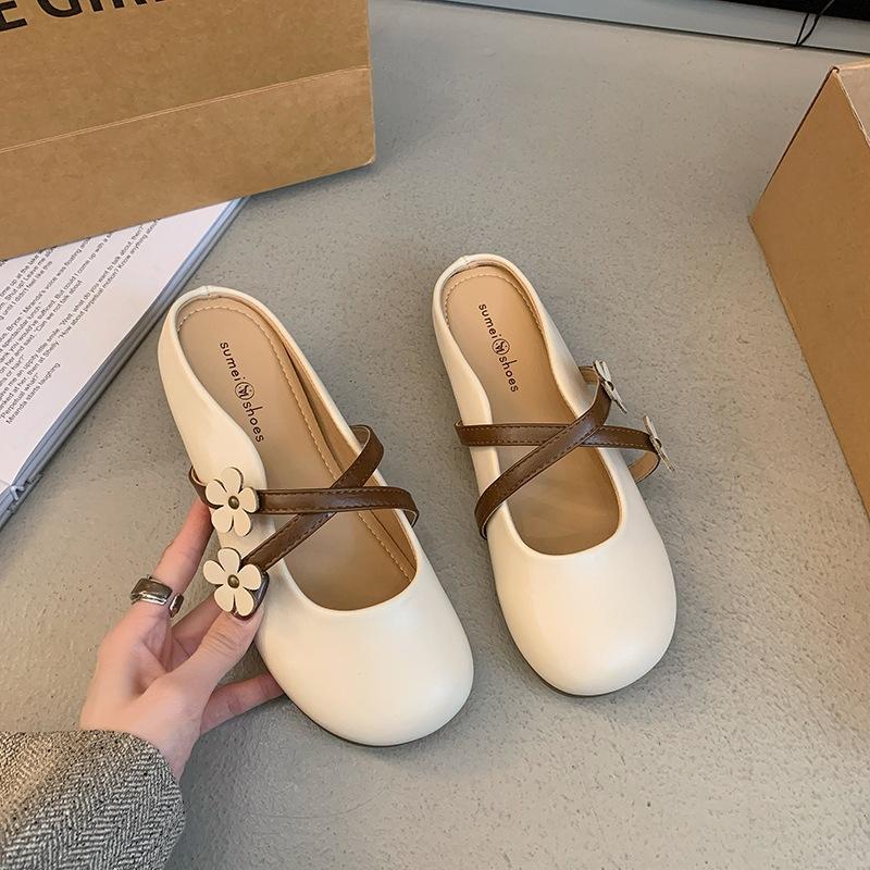 French Flat-bottomed Flower Bag Head Half Slippers Women's Outer Wear 2025 Summer Fairy Style with Skirt Mary Jane Sandals