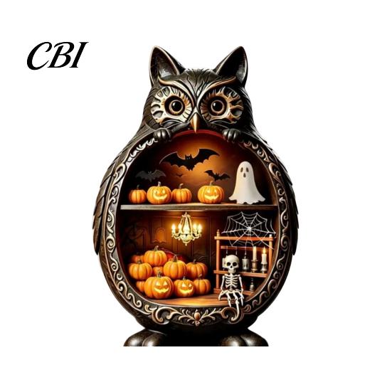 Vintage Wood Halloween Wooden Owl Tabletop Centerpiece, 2D Flat Pumpkin Ghost Bat Art Skeleton Standing Table Sign for Party, Shelf, Desk Decor Shelf