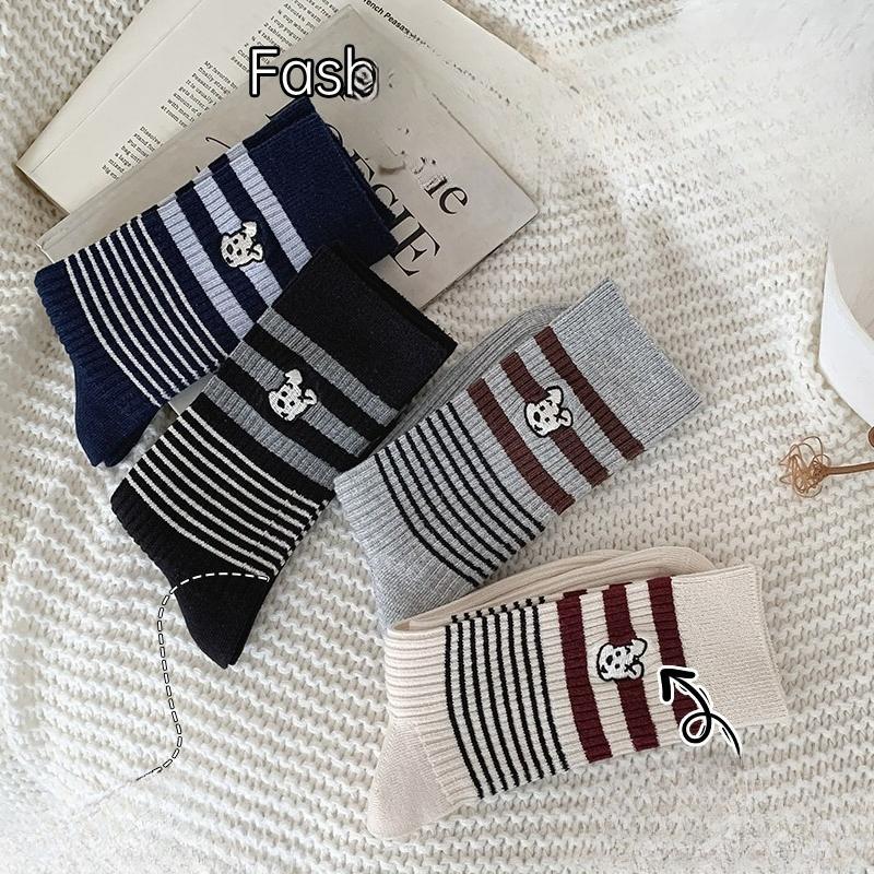 Embroidered Dog Academy Style Socks for Women, Spring and Autumn, Striped Mid-calf Cotton Socks, Retro Boneless Long Socks