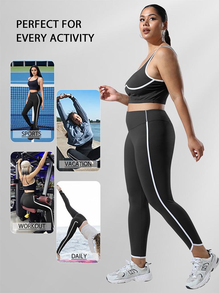 Tight-Fitting Sports Leggings with High Waist and Side White Stripes for Gym Outdoor Cycling Running and Yoga