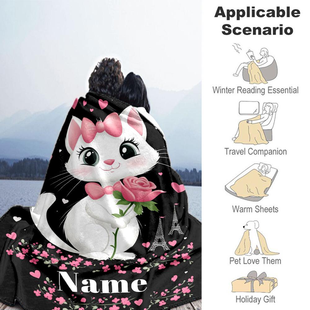 Cat Flowers Personalized Text Blanket Multi-purpose Customizable Blanket Warmthful Decor for Nap Sofa Office Chair Office Four Seasons Multipurpose