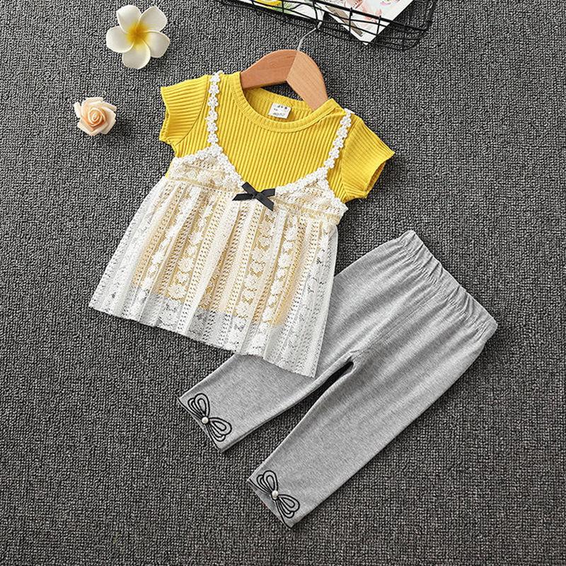 2PCS Children Clothing Set Spring Summer Girls Suits Yarn Short Sleeve Tops + Pants Clothing Set