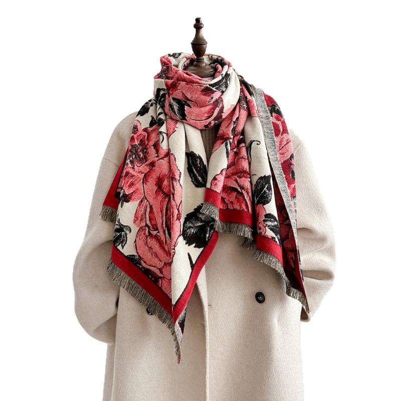 Flower scarf women's imitation cashmere retro temperament printing thickened warm scarf travel outside fashion temperament shawl