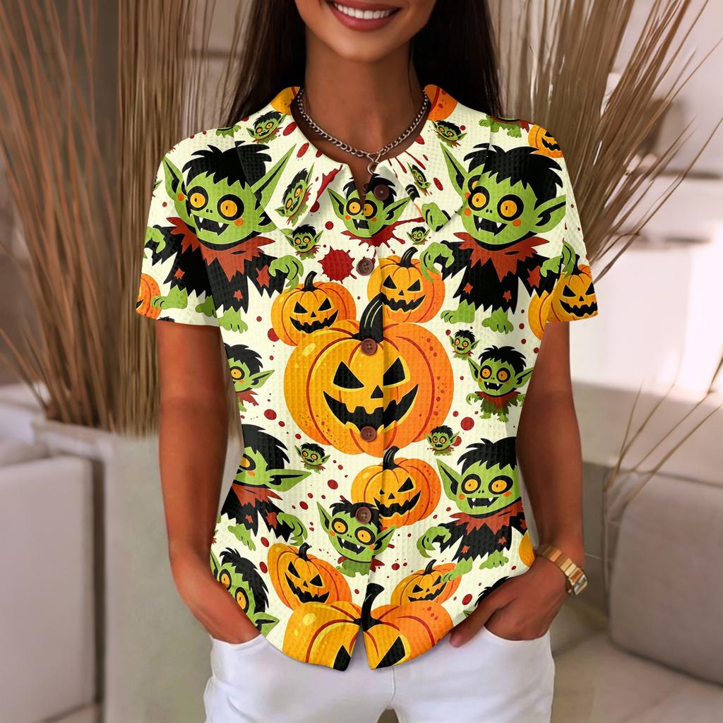 Women's Casual Button Front Waffle Knit Shirt Halloween Print Short Sleeve Top Lightweight Comfortable Relaxed Fit