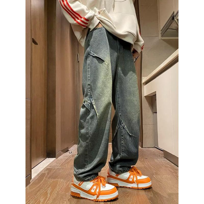 American high street ruffian handsome retro jeans men's spring and autumn trendy brand design sense loose straight wide leg trousers boys