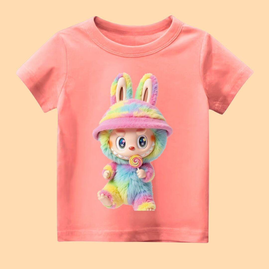 

2025 Popular Children s T-shirt LABUBU Eating Lollipop Print Cartoon Style Round Neck Short Sleeved Cute Girl s Top 100