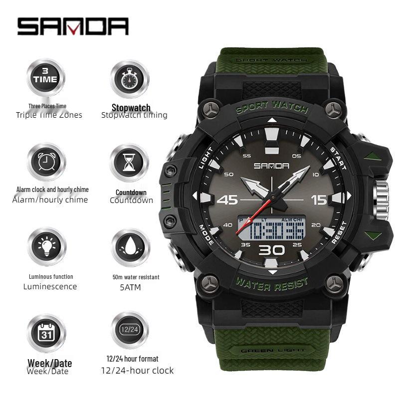 Sanda Boys  Dual Movement Sports Watch, Waterproof, Segmented Timer, Multifunctional Electronic Watch