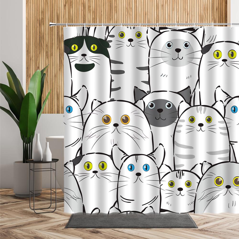 Cartoon Cute Animal Shower Curtain Cat Dog Anime Printed Bathroom Decor 3D Waterproof Bath Fabric Home Curtains For Children