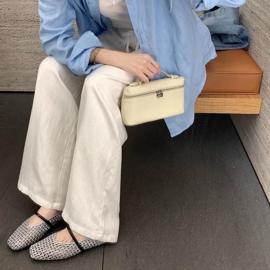 Sheepskin version of grape mother, the same French square head hollow woven mesh Mary Jane shoes, women's one-word with shallow mouth single shoes