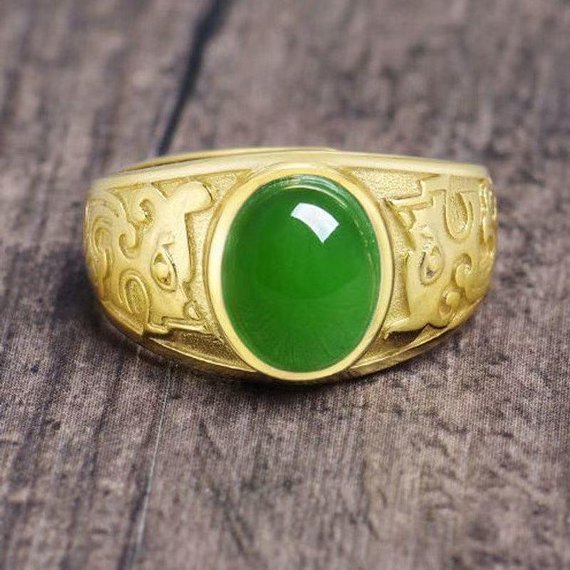 Men's Gold Signet Ring with Green Jade Crushed Stone, Adjustable Retro Gemstone Design