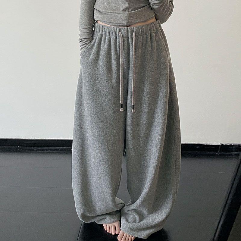 Women s Light Gray Off-White Flowy Wide-Leg Drawstring Pants L светло-серый