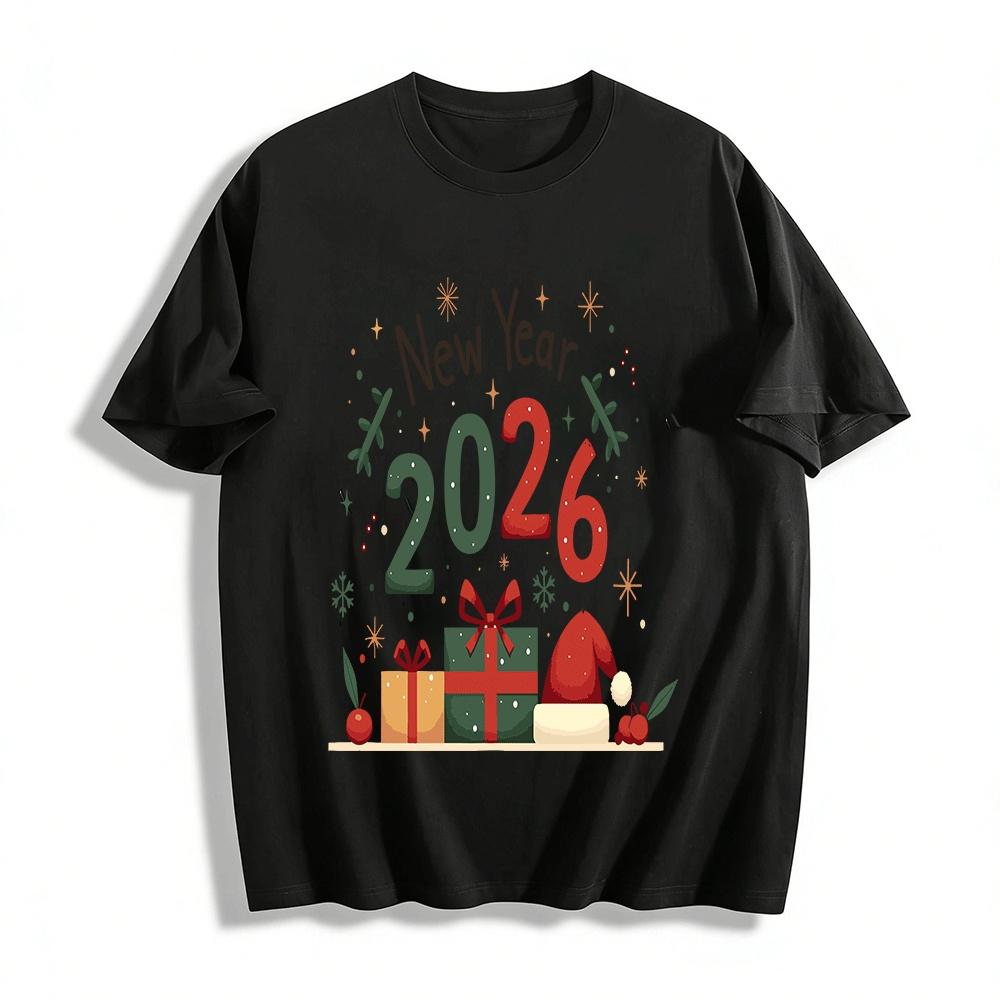 

2026 New Year Themed Printed Casual Top Holiday Long Sleeve T-Shirt Pure cotton T-shirt XXS
