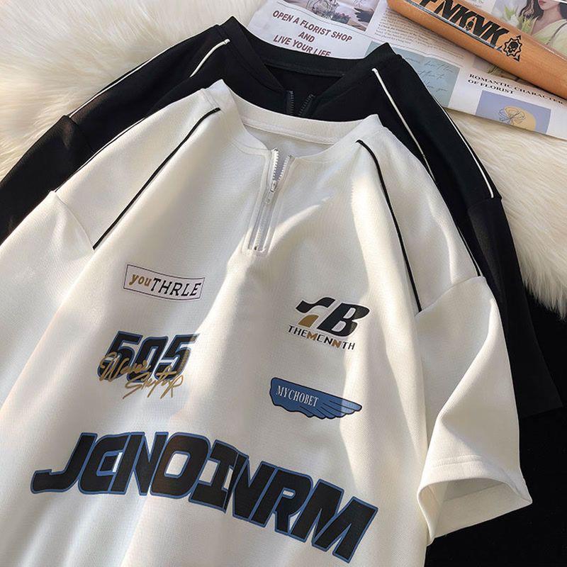 Camiseta de Manga Corta con Media Cremallera para Hombre - Alta Gama, Rebelde, Estilo Callejero Americano, para Carreras