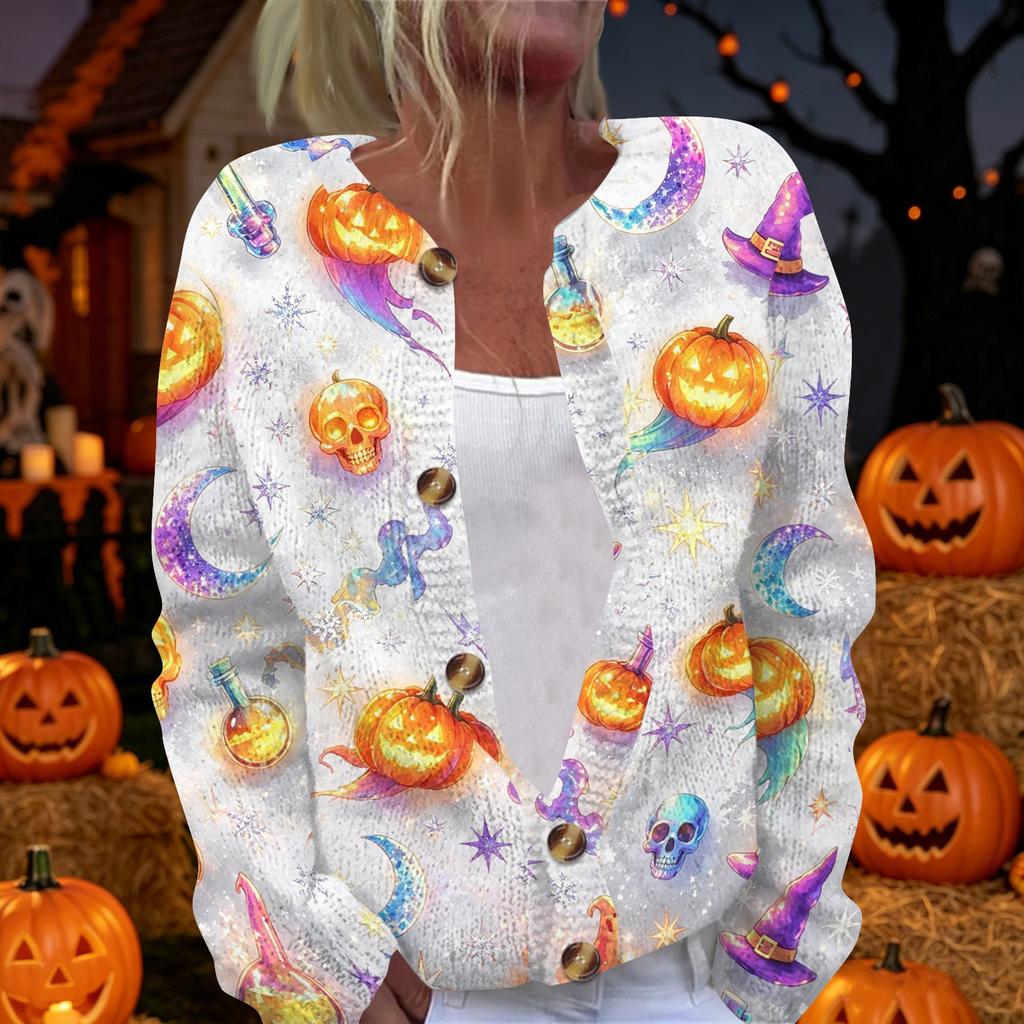 Women's Long Sleeve Knit Cardigan Button Up Sweater Halloween Print Casual Lightweight Outerwear for Fall and Winter