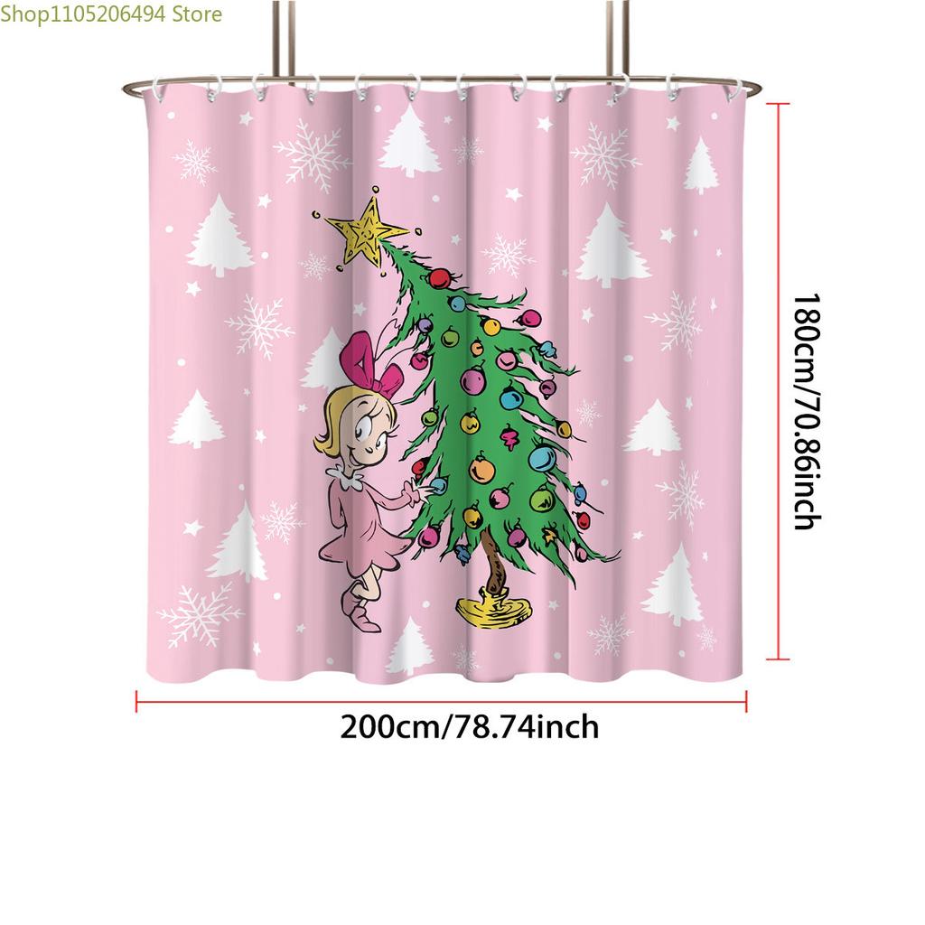 1 Stück rosa Cartoon Weihnachtsbaumdruck wasserdichte Duschabtrennung, Sichtschutz-Hängevorhang mit 12 Haken, mehrere Größen