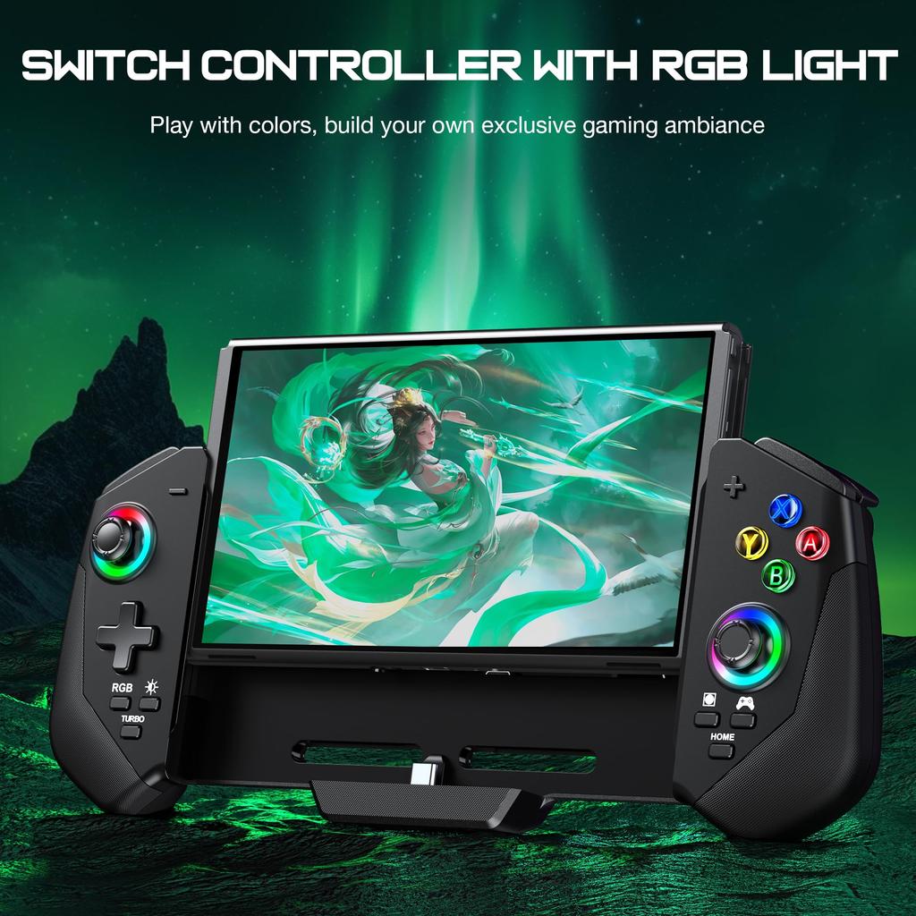 Kabelový ovladač pro OLED Funkce a vibrace RGB a pohodlný úchop se 4 sloty pro karty Switch/Switch - Gyro, Turbo, Ovládání, Osvětlení,