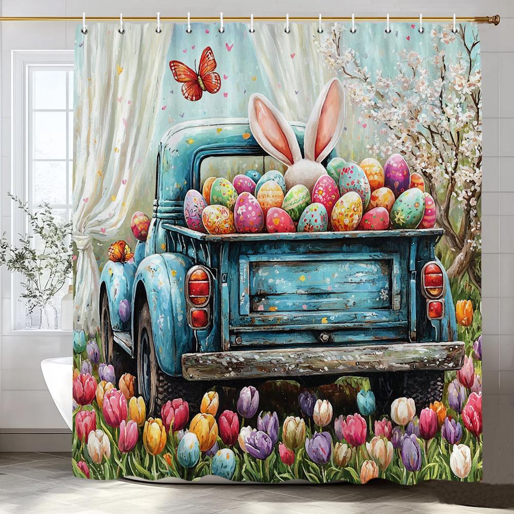 Happy Easter Bunny Eggs In Wooden Board Hole Cartoon Shower Curtain, Bathroom Decorative Shower Curtain, Home Curtain with Hooks