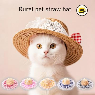 Chapéu de Palha para Gato Renda Babado Laço Fofo Gato Chapéu de Sol Elástico Ajustável Retro Chapéu de Sol para Gatos Cachorros Pequenos Proteção Solar Adereço para Fotos