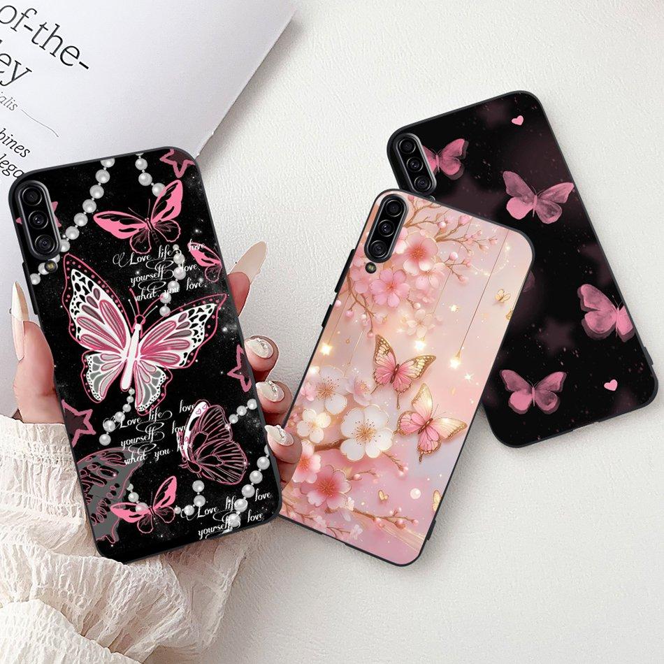 For Samsung Galaxy A90 5G Phone Case For Samsung A90 5G SM-A908B Elegant Floral Cat Painted Black Silicone Soft TPU Cases