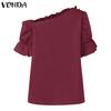 VONDA Summer Women Ruffled Off Shoulder Puff Short Sleeve Solid Color Casual Blouses