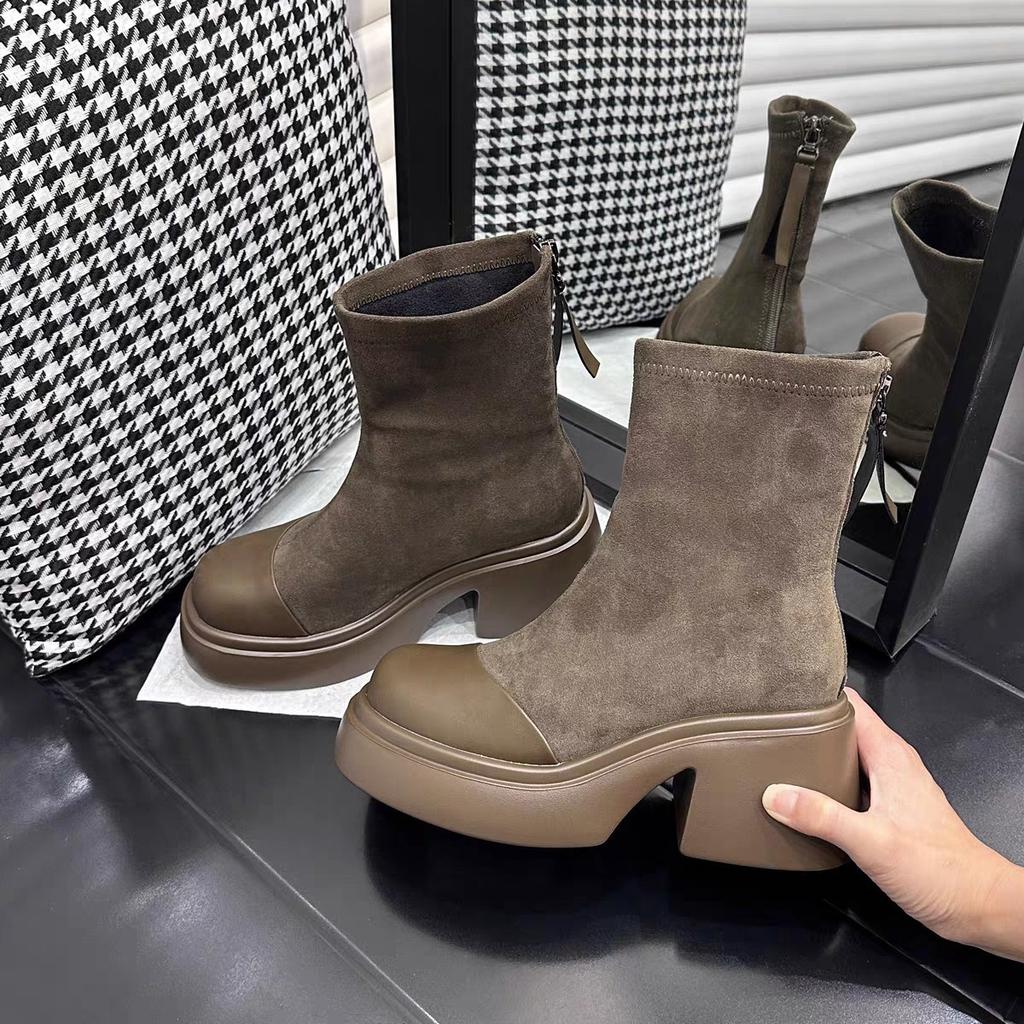 Dámské nové podzimní a zimní tenké boty na silné podrážce a silném podpatku, evropský styl, britský styl, elastické boty, zvyšující, martensky