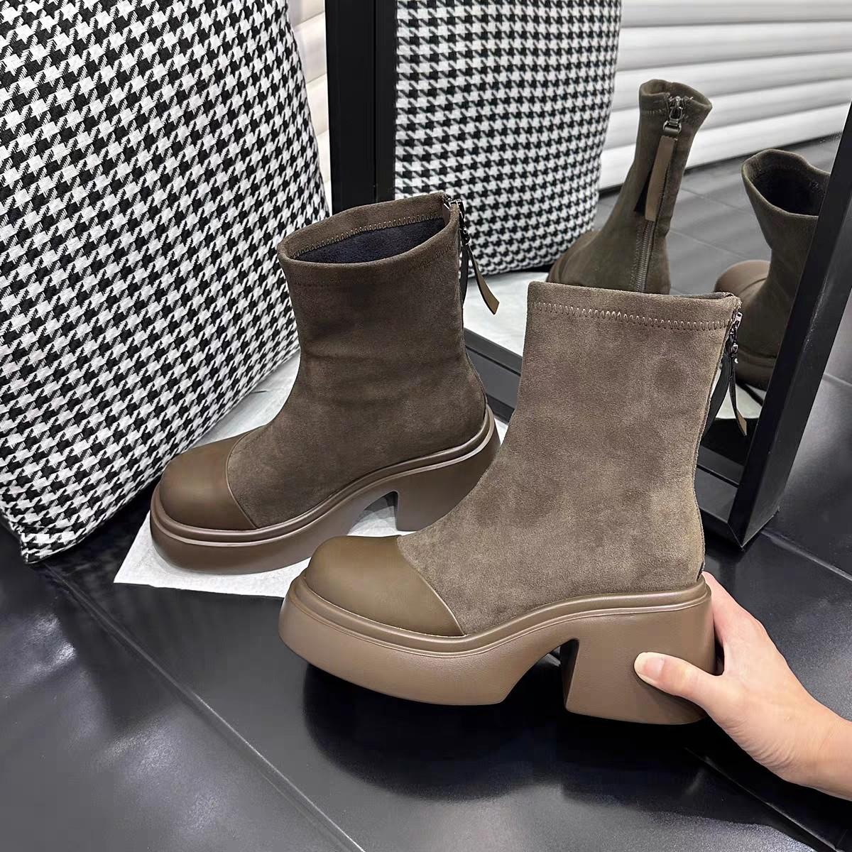 Thick-soled Thick-heeled Short Boots Women s New Autumn and Winter Thin Boots European Station British Style Elastic Boots Heightening Martin Boots 40 коричневый 6498₽