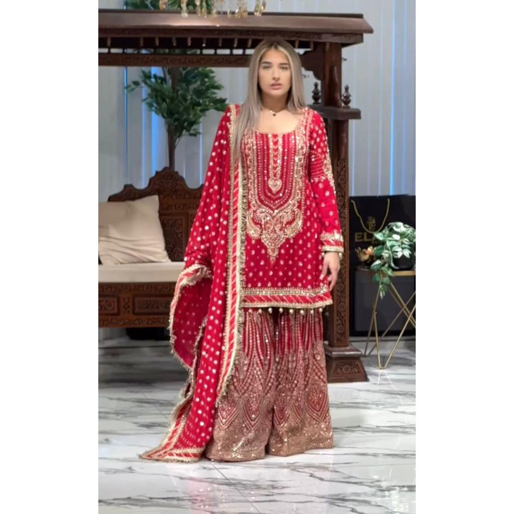 Launching New  Đěsigner Party Wear Look Heavy Faux Georgette Top Plazzo & Dupatta Set