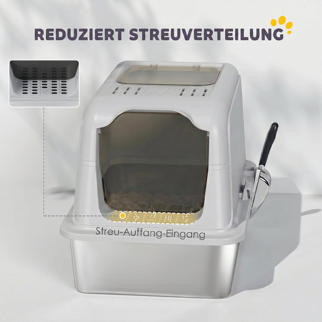 Extra Large Stainless Steel Litter Box, Enclosed Cat Litter Tray with Scoop, Deodorizer Bag, Front-Entry and Top-Exit