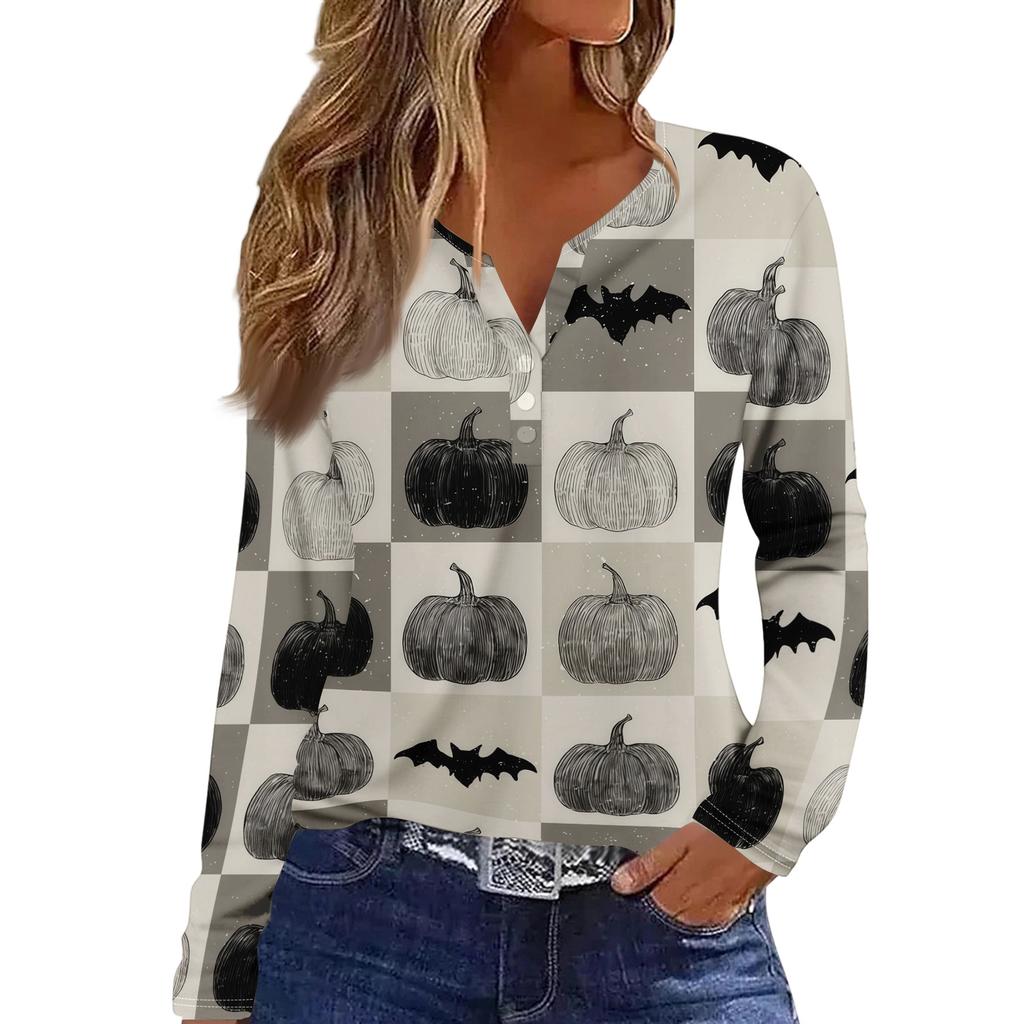 Women's Casual Long Sleeve T-Shirt with Halloween Print V-Neck Button for Parties