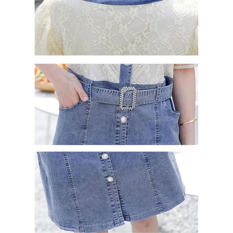 Fashionable Summer Women Dress Small Fragrance Style Lace Patchwork Denim V-Neck Unique Design