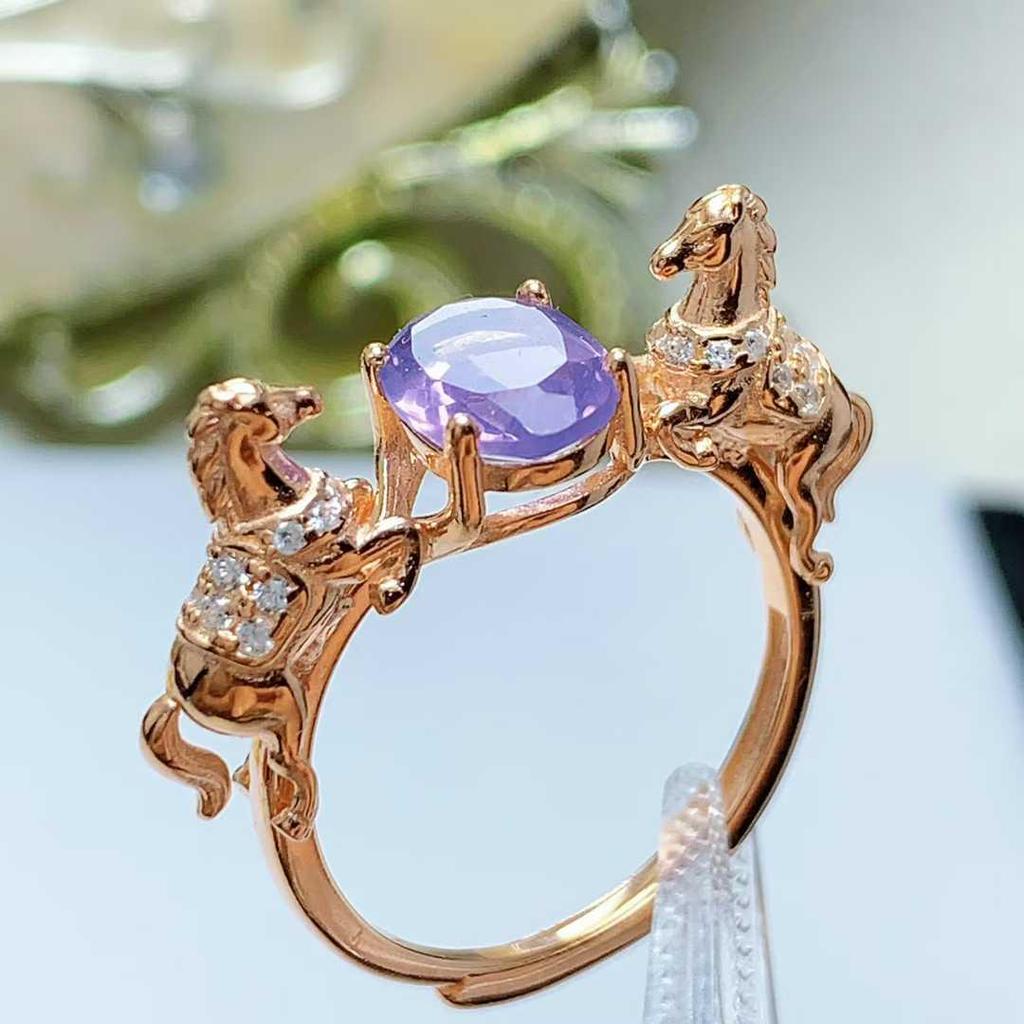 925 Sterling Silver Open Ring with Natural Gemstones and Horse Design - Luxurious High-End Feel