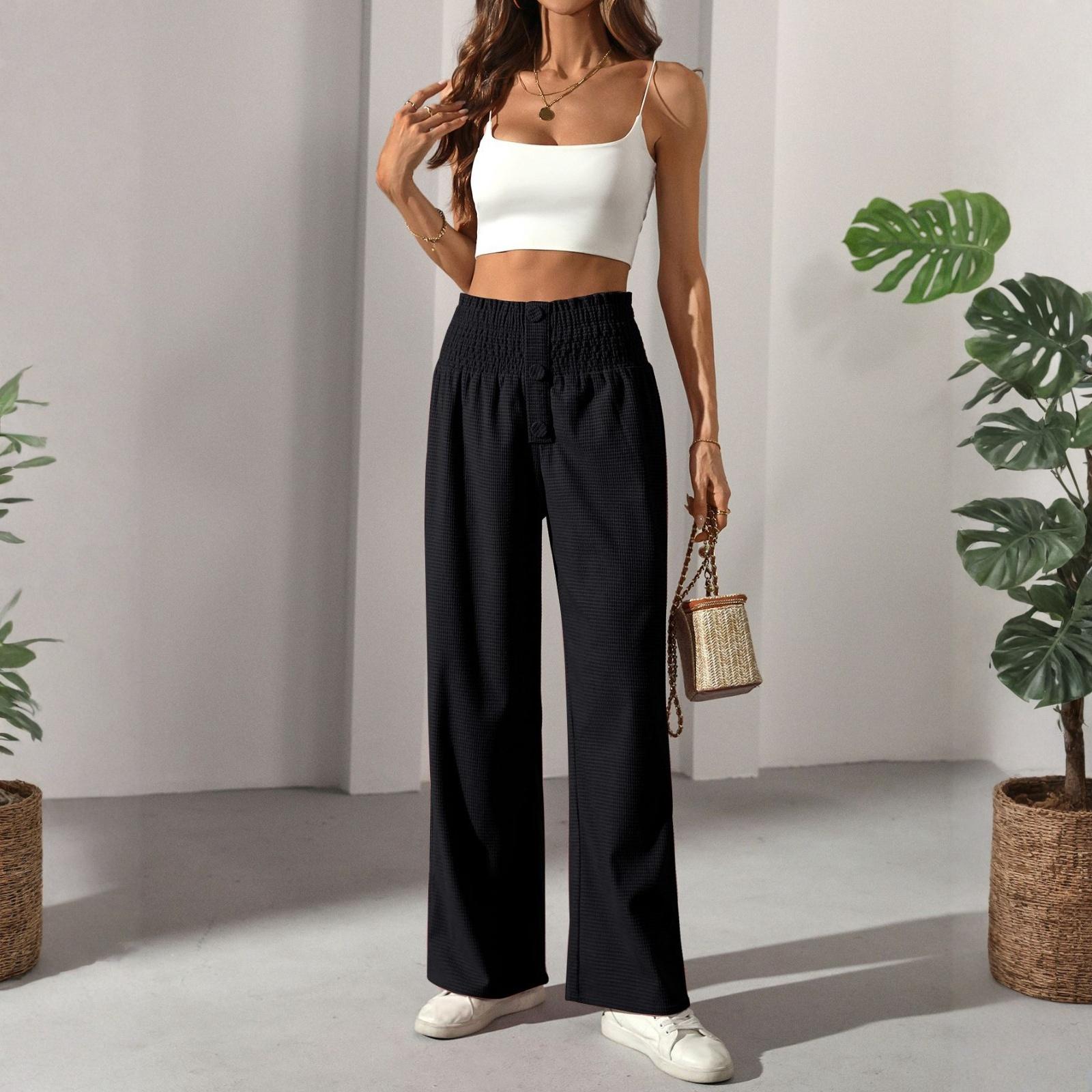 

Ladies Casual Fashionable Loose Comfortable Solid Color Wide Leg Pants Elastic Pants L чорний