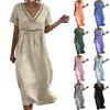 Women’s Summer V Neck Short Sleeve Cotton Linen Dress Hollow Lace Trim Loose Fit Midi Casual Dress for Daily Wear