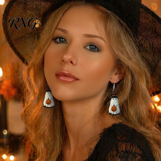 Cartoon Ghost Jewelry Cute Earrings, with Pumpkin Wizard Hat Decor, Holiday Themed Halloween Drop Lightweight Acrylic Pendant Party Earrings