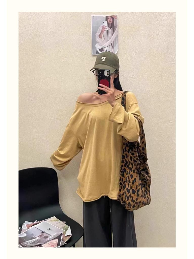 Da 7 Women's Spring Loose Plus Size Off-Shoulder U-Neck Long Sleeve T-Shirt