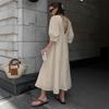 French Style Cotton Linen V Neck Backless Puff Sleeve Dress Spring Summer Long Dress For Women Elegant Casual