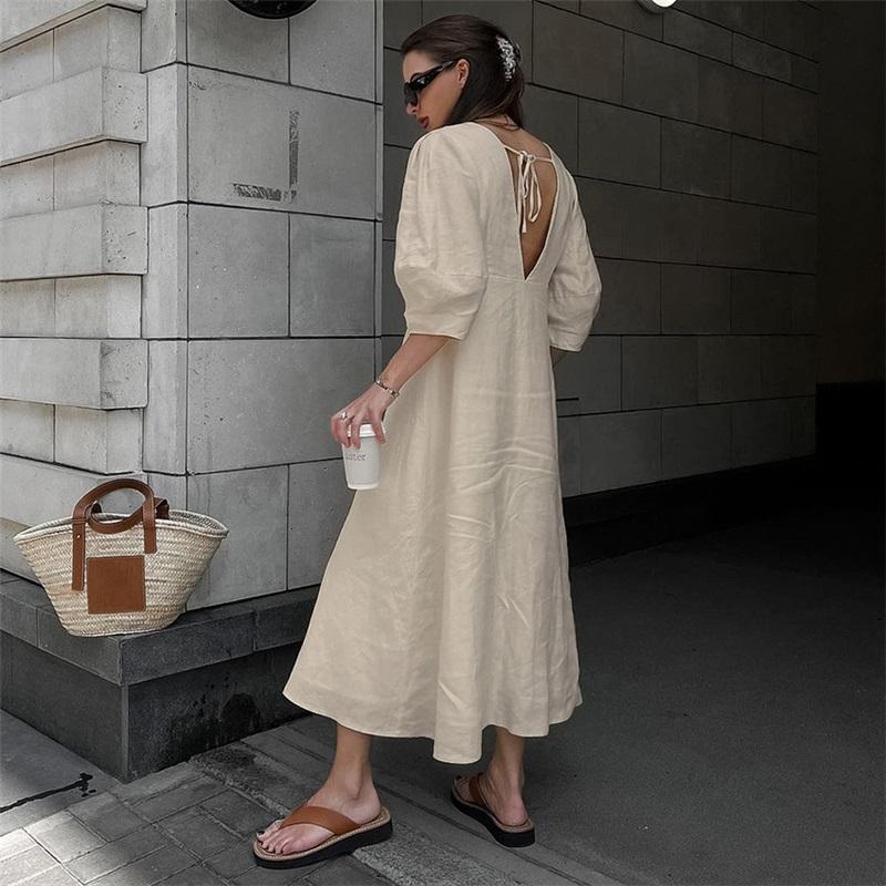 French Style Cotton Linen V Neck Backless Puff Sleeve Dress Spring Summer Long Dress For Women Elegant Casual