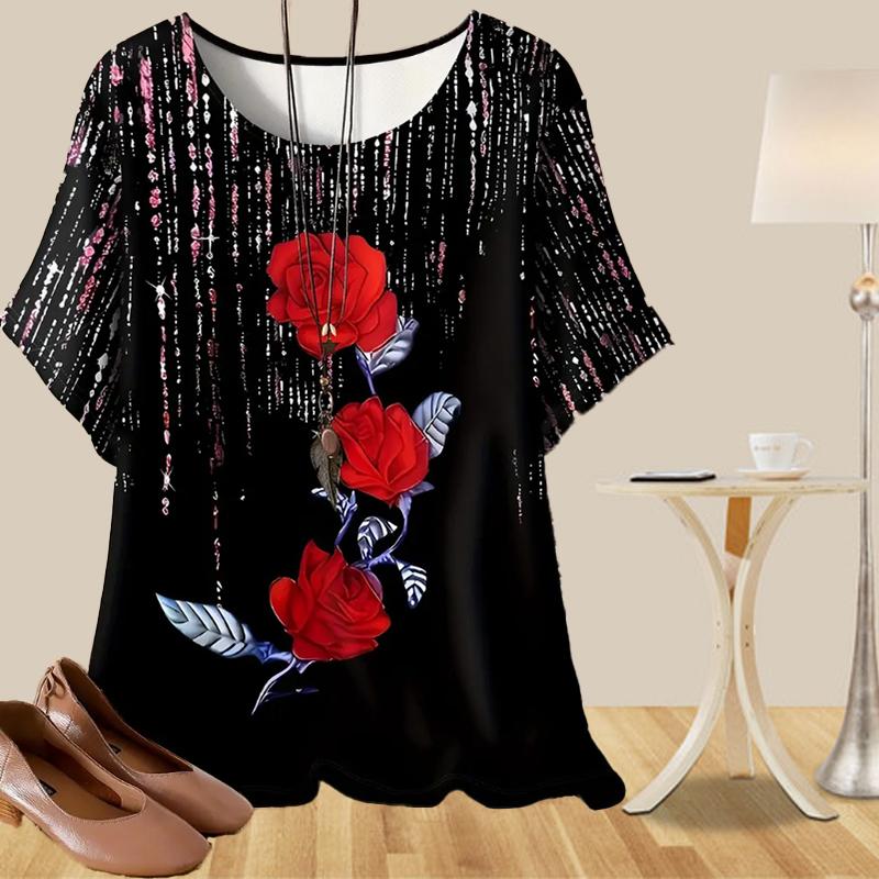 Women's Casual Loose Spring Shirt Women's Short Sleeve Meteor Bead Rose Printed Tops