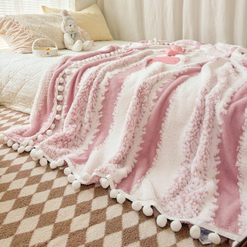 Schattig Minimalistisch Dekentje Onregelmatig Gestreept Patroon met Wolle Bolletjes Slaapdekens Multifunctionele Geblokte Huishoudelijke Producten voor 100x150cm 1pcs