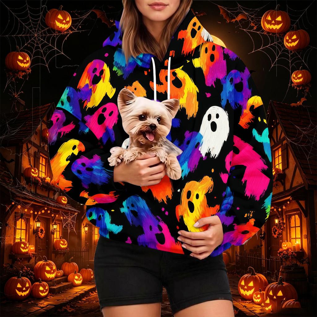 Damenmode Halloween-Print Hoodie mit Haustier-Tasche, Lässiger Pullover Sweatshirt
