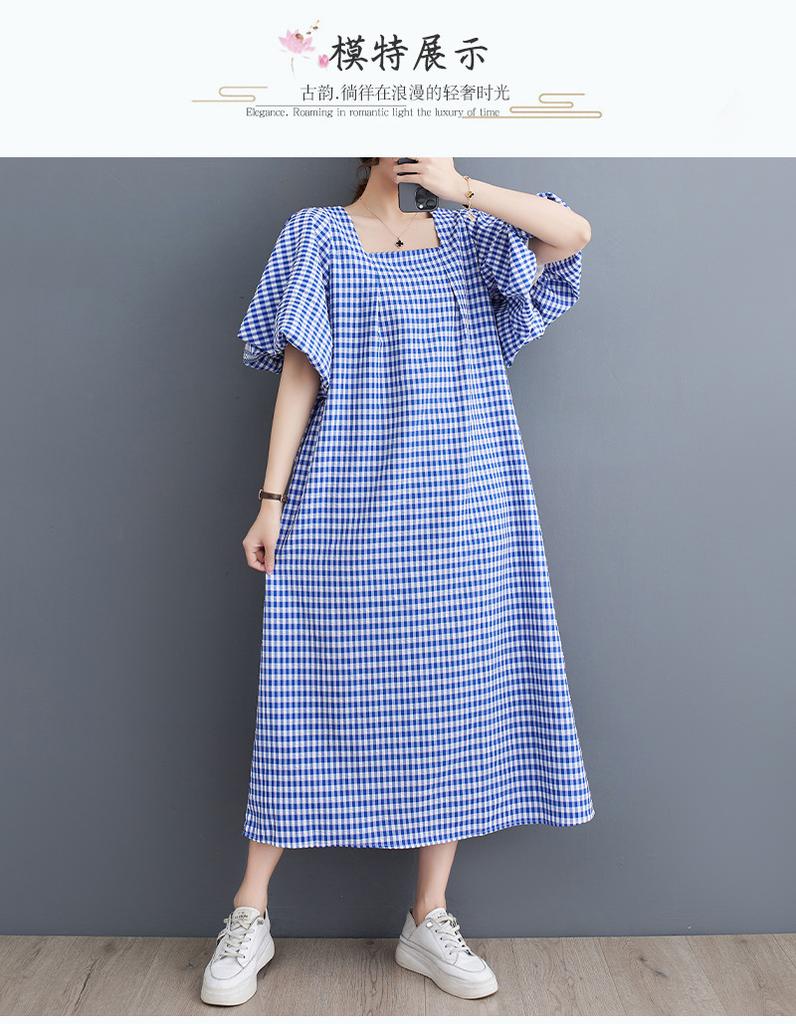 Real shot summer new literary loose cotton and linen plaid square neck short-sleeved dress women's medium and long