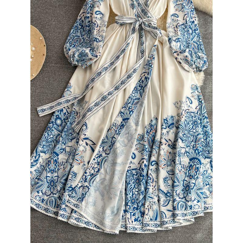 Spring and Autumn Bubble Long Sleeve Elegance Print Dress